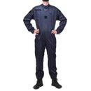 Full-length blue anti-static French police officer coverall with multiple pockets and elastic cuffs worn by standing person