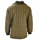 Back view of German army field jacket parka liner in olive green quilted fabric with ribbed cuffs and collar