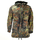 Original German army field jacket parka with hood in flecktarn camo pattern and multiple front pockets.