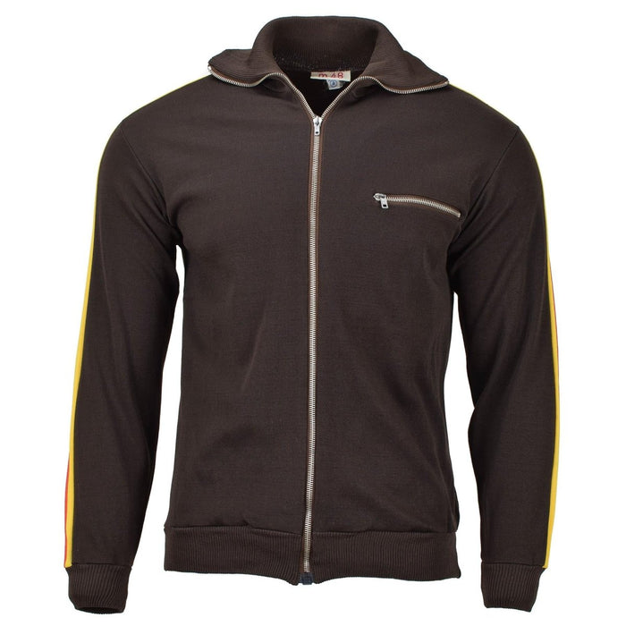 Front view of Original German army NVA sports jacket brown zipped train tracksuit activewear military surplus gear- GoMilitar