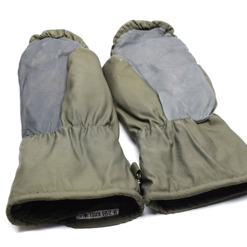Original German Army olive grey camo mittens with durable cold weather protection and adjustable straps for secure fit