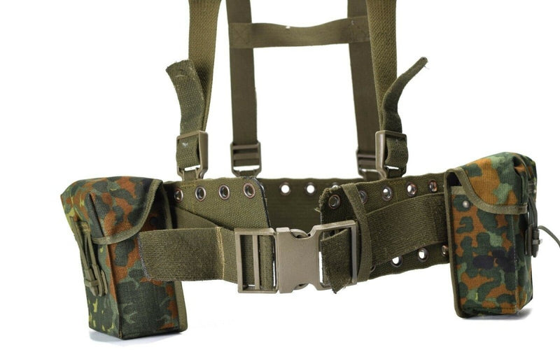 Original German army tactical belt harness with shoulder straps and two camouflage mag pouches for load bearing.