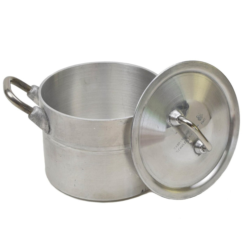 Original German military aluminum 2-liter camping pot with lid, durable and lightweight for hiking and outdoor use.