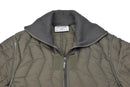 Olive green German military quilted coverall liner with zipper and gray ribbed collar for cold weather warmth