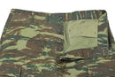 Close-up of original Greek army BDU pants with lizard camouflage and button fly military surplus trousers