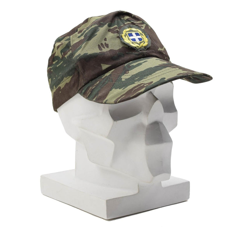 Greek military surplus lizard camo field cap with Greek emblem, durable and designed for outdoor use.