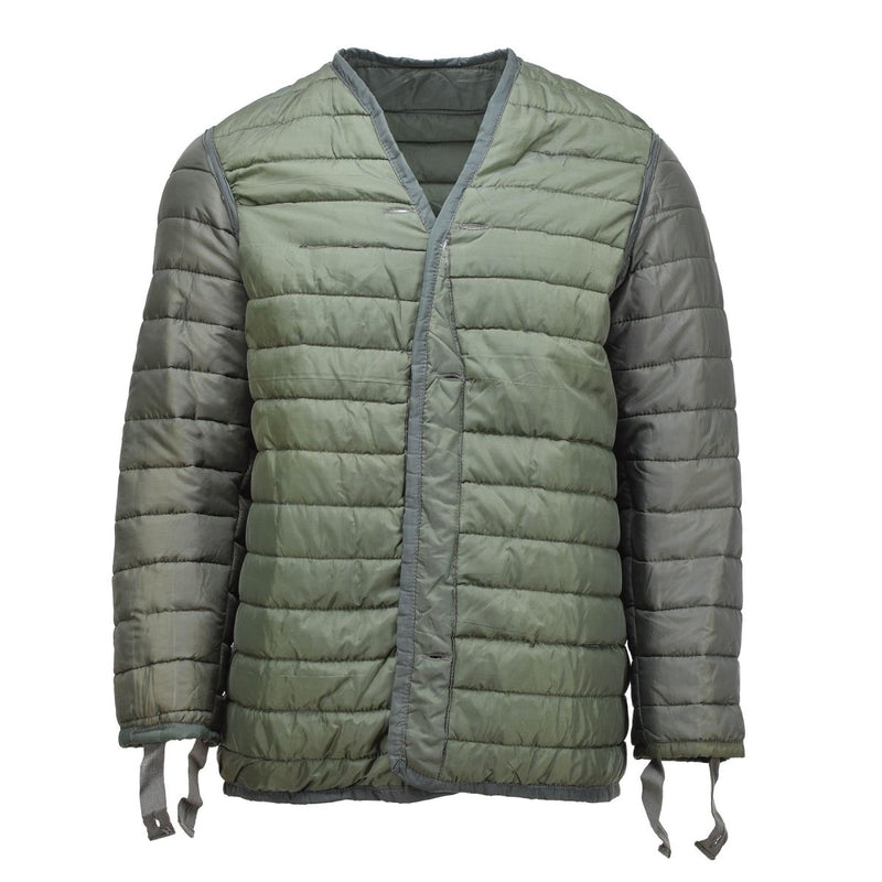 Original Greek Army M65 quilted liner jacket in green, insulated for warmth and designed to fit inside an M65 field jacket.