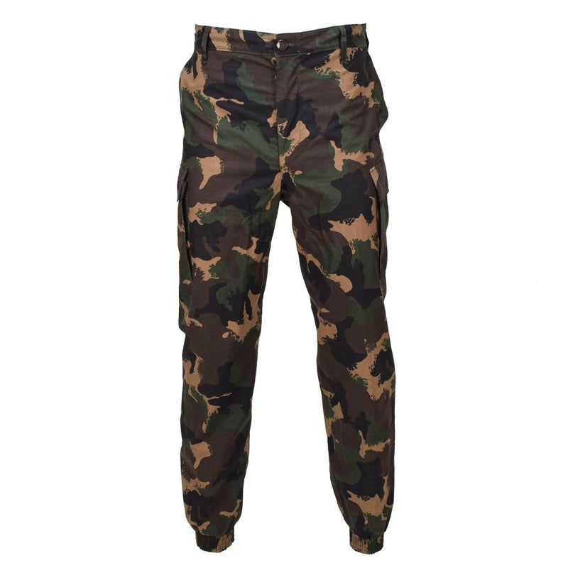 Original Hungarian M1990 military summer camo cargo pants made of durable ripstop fabric with multiple pockets.