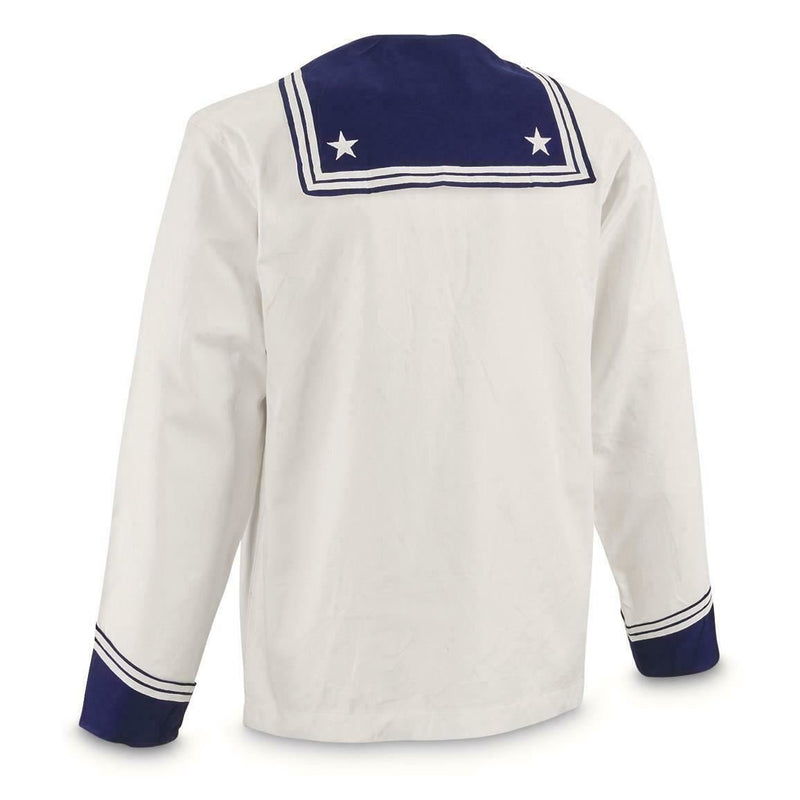 Back view of original Italian Navy middy shirt with long sleeves, white fabric, navy collar and cuff details.