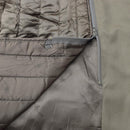 Close-up of detachable quilted liner with zipper in vintage khaki Italian military trench coat lining