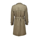 Back view of a khaki Italian military trench coat with belt, vintage style, and long sleeves on a white background.
