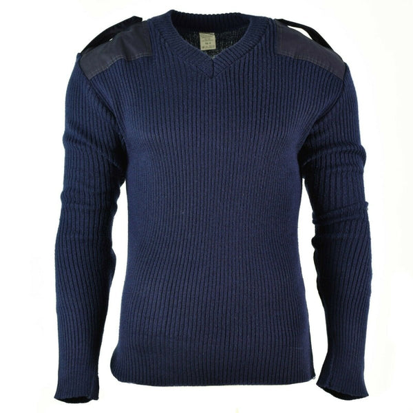 Dark blue Italian military-style V-neck wool jumper with reinforced shoulders and ribbed texture for durability and warmth.