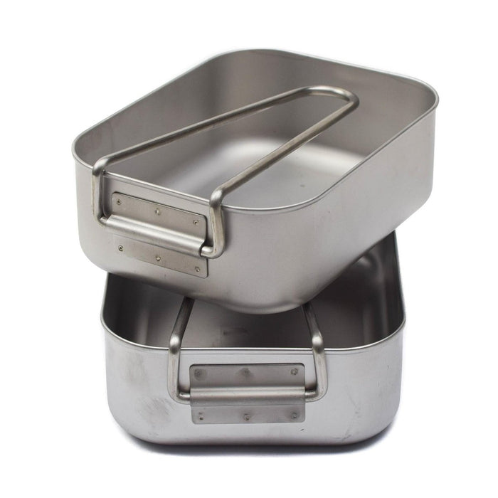 Stainless steel original military mess tins set, two-piece compact camping and outdoor tableware for rugged use.