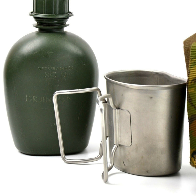 Original Netherlands Dutch Army canteen with stainless steel cup and camouflage protective cover for outdoor use.
