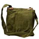 Original Romanian army green canvas shoulder bag with leather details, rugged military surplus design for everyday use.