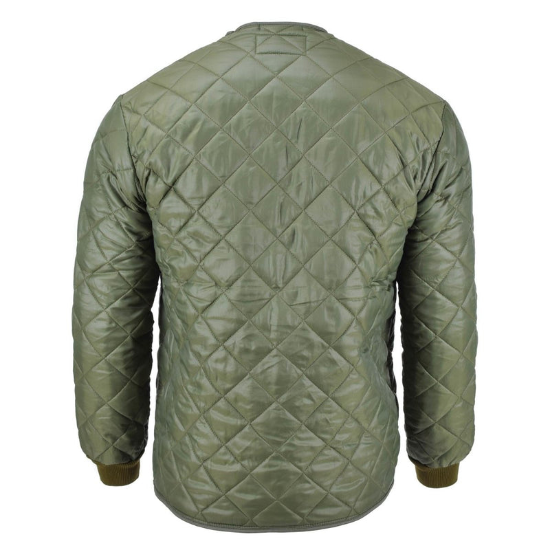 Back view of original Swedish army olive green quilted parka liner jacket for cold weather insulation