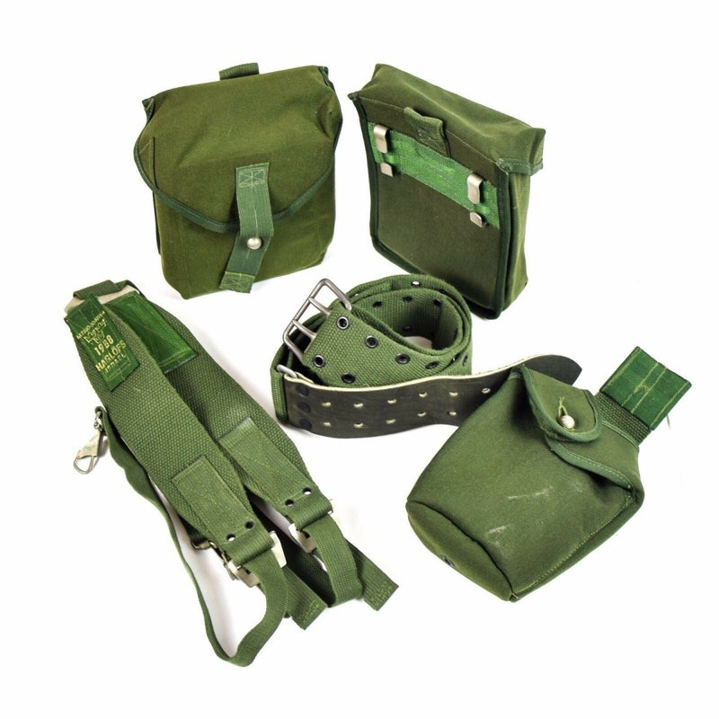 Original Swedish army Webbing rig system 304 tactical belt with H-straps suspenders and multiple green pouches for gear storage