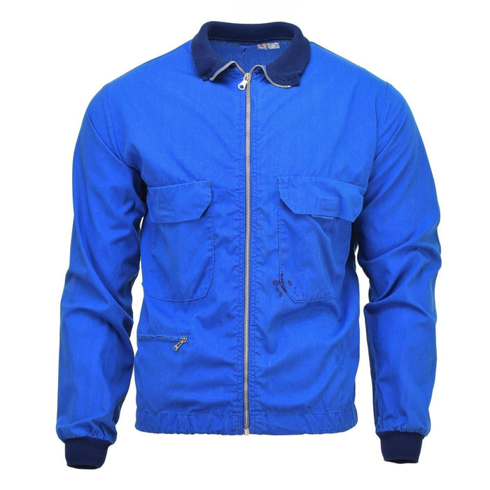 Original Swedish Military vintage blue sports jacket with front zipper, chest pockets, ribbed cuffs, collar for active wear.