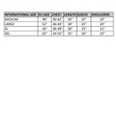 Size chart for Original Swiss M83 Alpenflage camo field jacket showing chest, length, sleeve, shoulder measurements in inches.