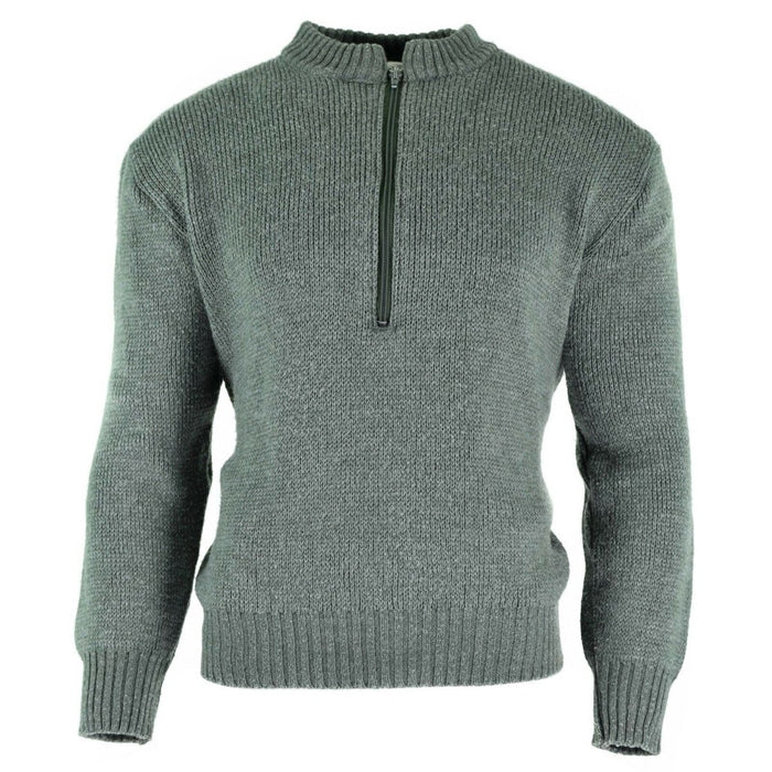 Original Swiss army pullover M74 grey virgin wool sweater with quarter-zip, elastic cuffs and waistband.