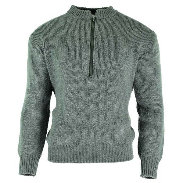 Original Swiss army pullover M74 grey virgin wool sweater with quarter-zip, elastic cuffs, and waistband for warmth and durability