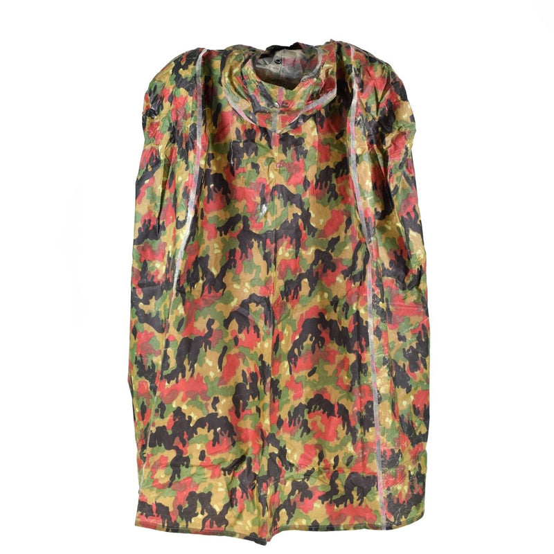Swiss Alpenflage camo tactical plastic poncho designed for outdoor rain protection and camouflage in alpine environments