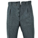 Gray pleated pants with buttons on a white background