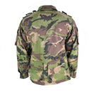 Back view of original vintage Slovakian army field jacket M97 with camouflage and multiple pockets.