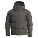 Dark gray Pentagon Omega down jacket with hood, insulated for cold weather, windproof and water-resistant design.