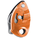 Orange PETZL GRIGRI+ assisted braking belay device for rock climbing and rappelling with anti-panic feature.