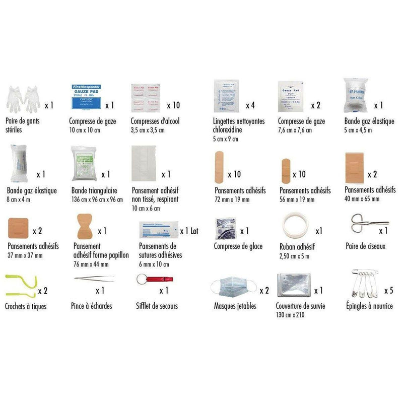 First aid kit contents including bandages, gauze, and medical supplies on a white background