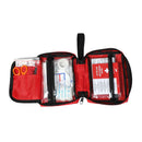 Open first aid kit with various supplies on a white background