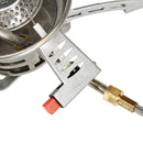 Close-up of the Primus EasyFuel Duo Piezo foldable propane burner with connector and igniter button on white background