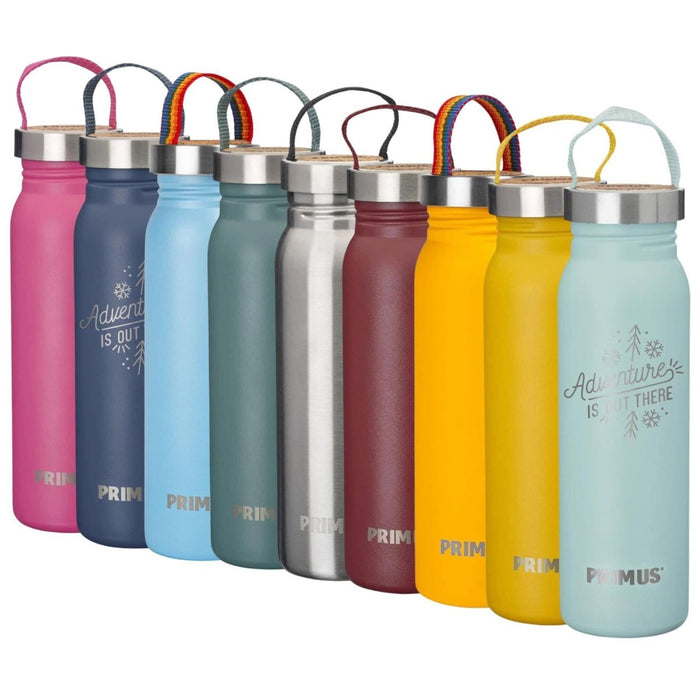 Colorful Primus Klunken 500ml stainless steel vacuum flasks with loop handles for hiking and outdoor use.