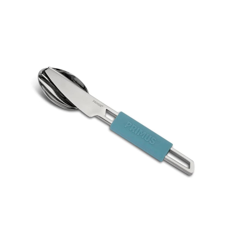 Primus lightweight camping cutlery set with stainless steel fork, knife, spoon, and blue silicone handle for outdoor use.