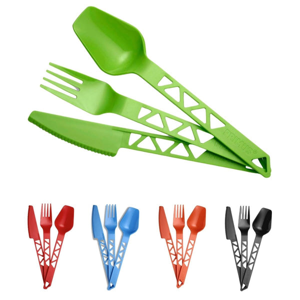 Lightweight plastic camping cutlery set with spoon, knife, and fork in multiple colors for outdoor use
