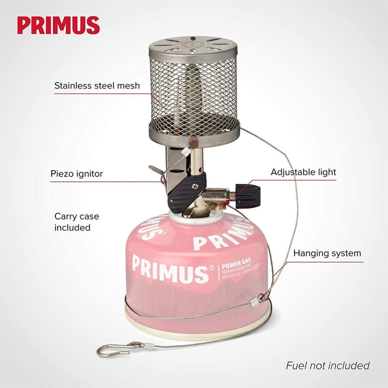 Primus Micron gas lamp with stainless steel mesh, piezo ignitor, adjustable light, hanging system, and carry case, fuel not included