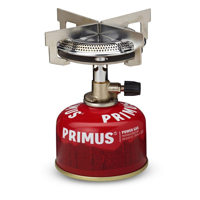 Compact Primus Mimer single burner propane stove for camping, hiking, outdoor cooking with stable support and easy ignition.