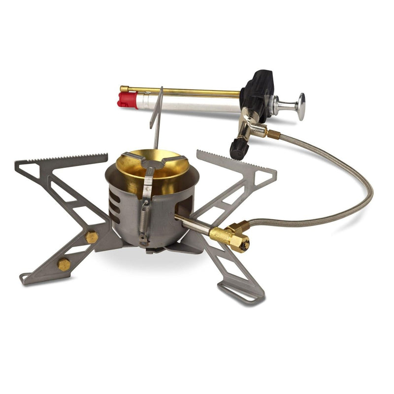 Primus MultiFuel III camping stove with high-output burner and multi-fuel capability for outdoor hiking and travel cooking.