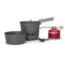 Primus PrimeTech 1.3L camping stove set with two pots, burner, fuel canister, and pot gripper for outdoor cooking
