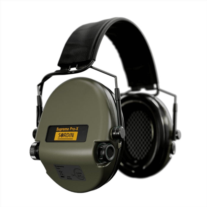 Green Sordin Supreme Pro-X Hear 2 Slim tactical on-ear hearing protection with adjustable headband and control knobs