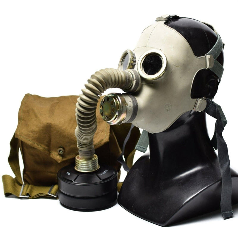Child’s Soviet Russian PDF-7 gas mask with NATO filter and carrying bag displayed on black mannequin head