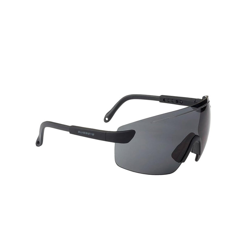 Black Swiss Eye shooting eye protection glasses with wide anti-fog UV400 lenses and adjustable arms