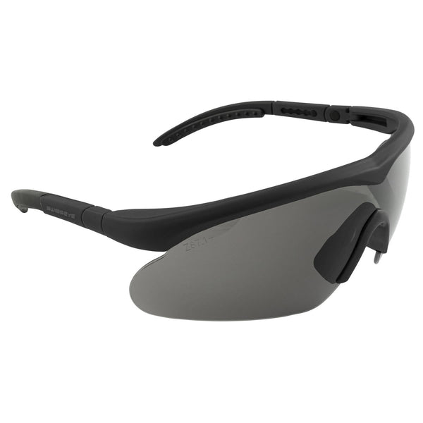 SWISS EYE ballistic shooting goggles with UV400 protection, anti-fog lenses, and adjustable black frame for comfort.