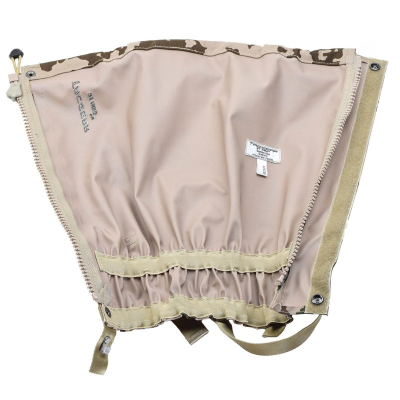 TACGEAR waterproof leg gaiters in Flecktarn Desert camo with metal hooks and adjustable straps for outdoor and tactical use.