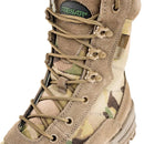 Close-up of Teesar Tactical Multicam boots with suede leather and camouflage fabric side panels.