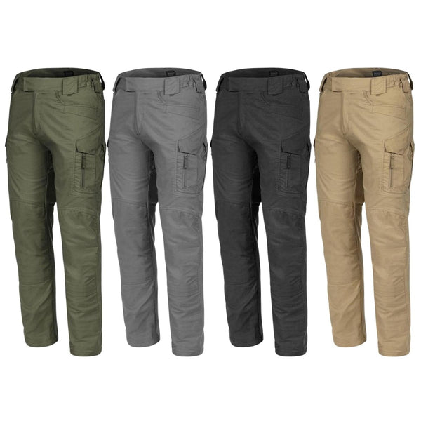 Four pairs of TEXAR Elite Pro 2.0 military grade tactical ripstop cargo pants in green, gray, black, and beige colors.