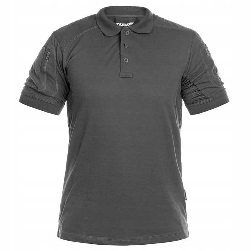 Dark gray TEXAR Elite Pro tactical polo shirt with short sleeves designed for durability and comfort in warm weather.