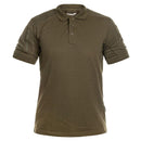 Tactical short sleeve olive green polo shirt with zippered arm pockets, moisture-wicking and durable for outdoor use