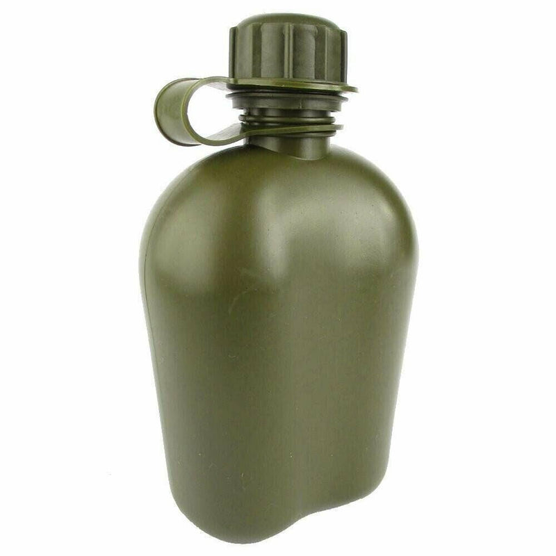 U.S. Army style M1 canteen water bottle in olive green with screw cap, durable military outdoor gear accessory